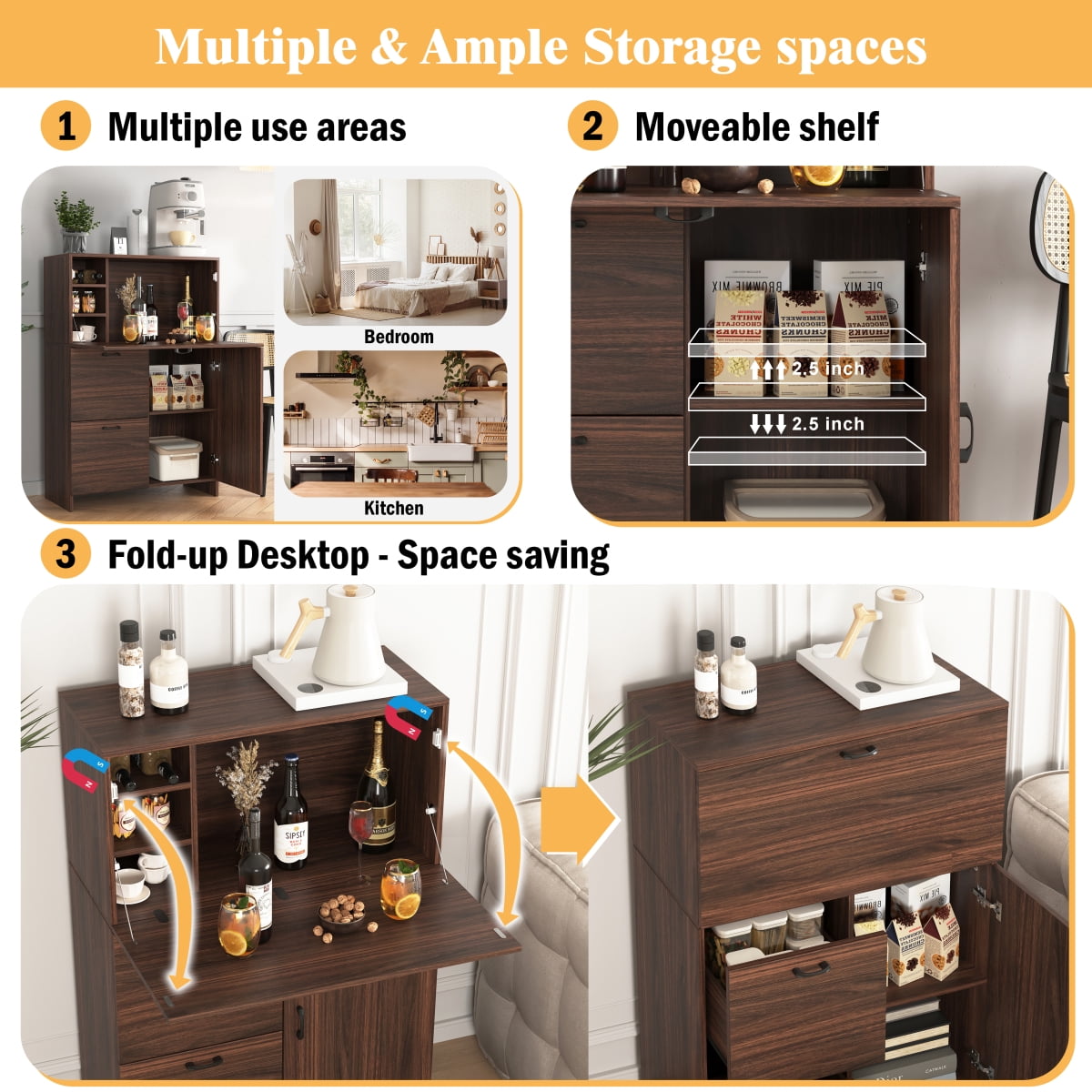 GZXS Desk Cabinet with Fold-Up Desktop, 2 Drawers & Adjustable Shelf, Modern Secretary Desk Space-Saving Organizer for Home, Office, Kitchen, Dorm (Walnut)