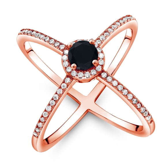 Gem Stone King 1.29 Ct Round Black Onyx 18K Rose Gold Plated Silver Criss Cross X Ring (Size 6)