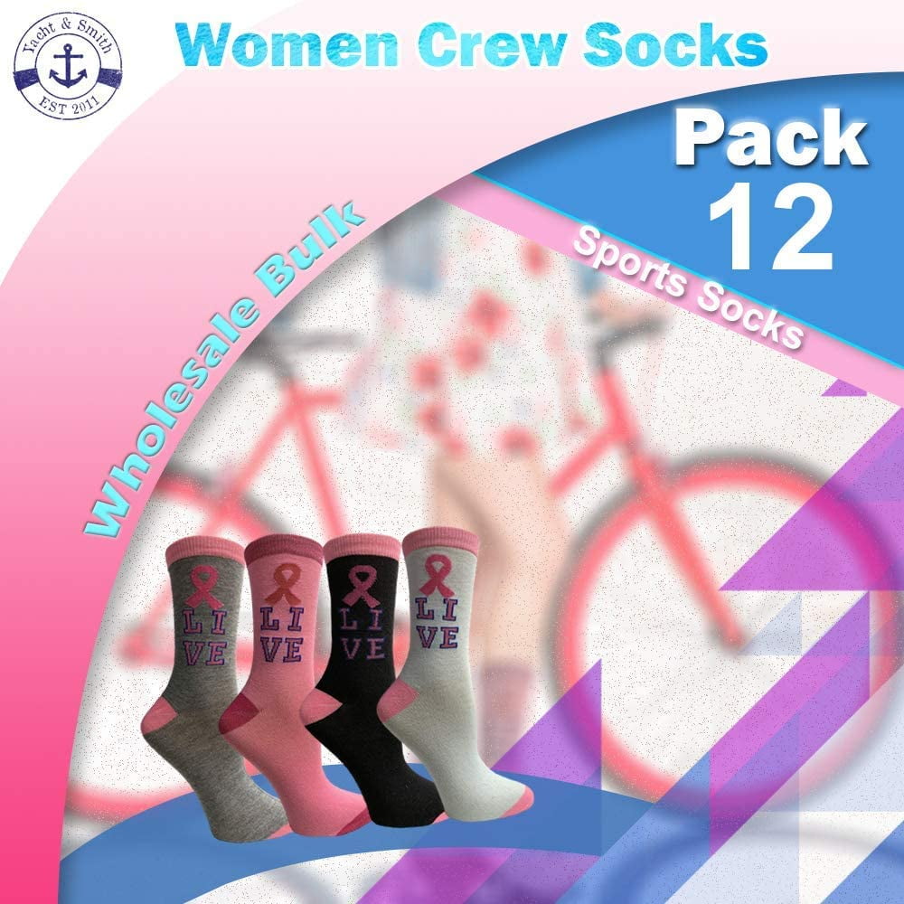 Yacht & Smith Pink Ribbon Breast Cancer Awareness Ankle/Crew Socks for Women (Assorted Crew, 12)