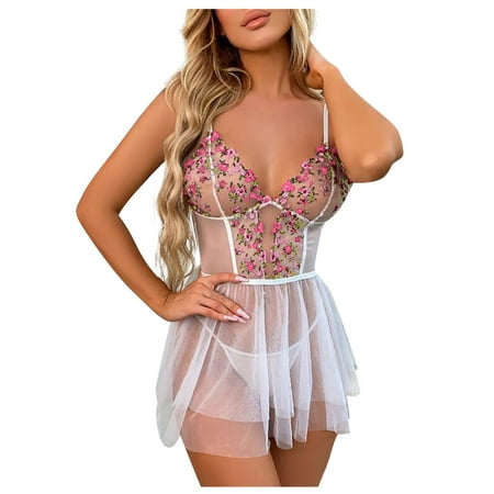 

Qcmgmg Women Mesh Bodysuit V Neck Chemise Lingerie Floral See Through Babydoll
