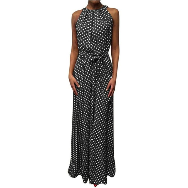 Mode Femmes Sans Manches Polka Dot Imprimé Ceinture Licou Fête Banquet Maxi Robe