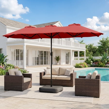 Walsunny 16 FT Large Outdoor Patio Umbrella with Base Included, Double-Sided Rectangular Umbrella with Crank Handle for Outside, Red