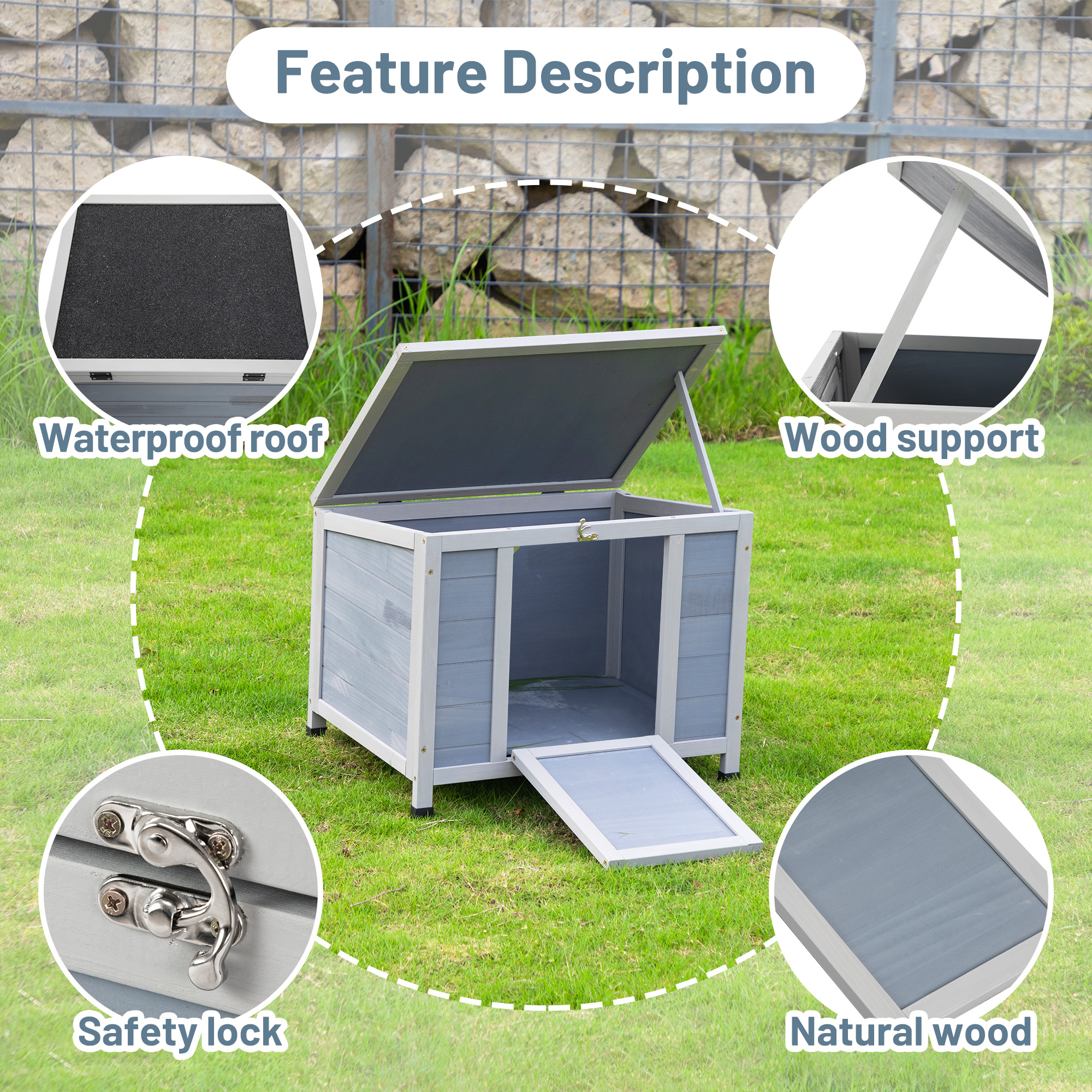 COZIWOW 24inches Wooden Catio Outdoor Cat House Small Animal House，Rabbit Hutch Indoor，Stable Weatherproof Bunny Cage Insulated Pet Shelter for Small Cat Dog Rabbit Guinea Pig(Grey)