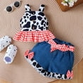 thumbnail image 4 of UAYOTSE Baby Girl Denim Outfits Cow Print Shirt Toddler Ruffle Sleeve Button Tops Bowknot Wide Leg Jean Shorts,12-18 Months Red, 4 of 9