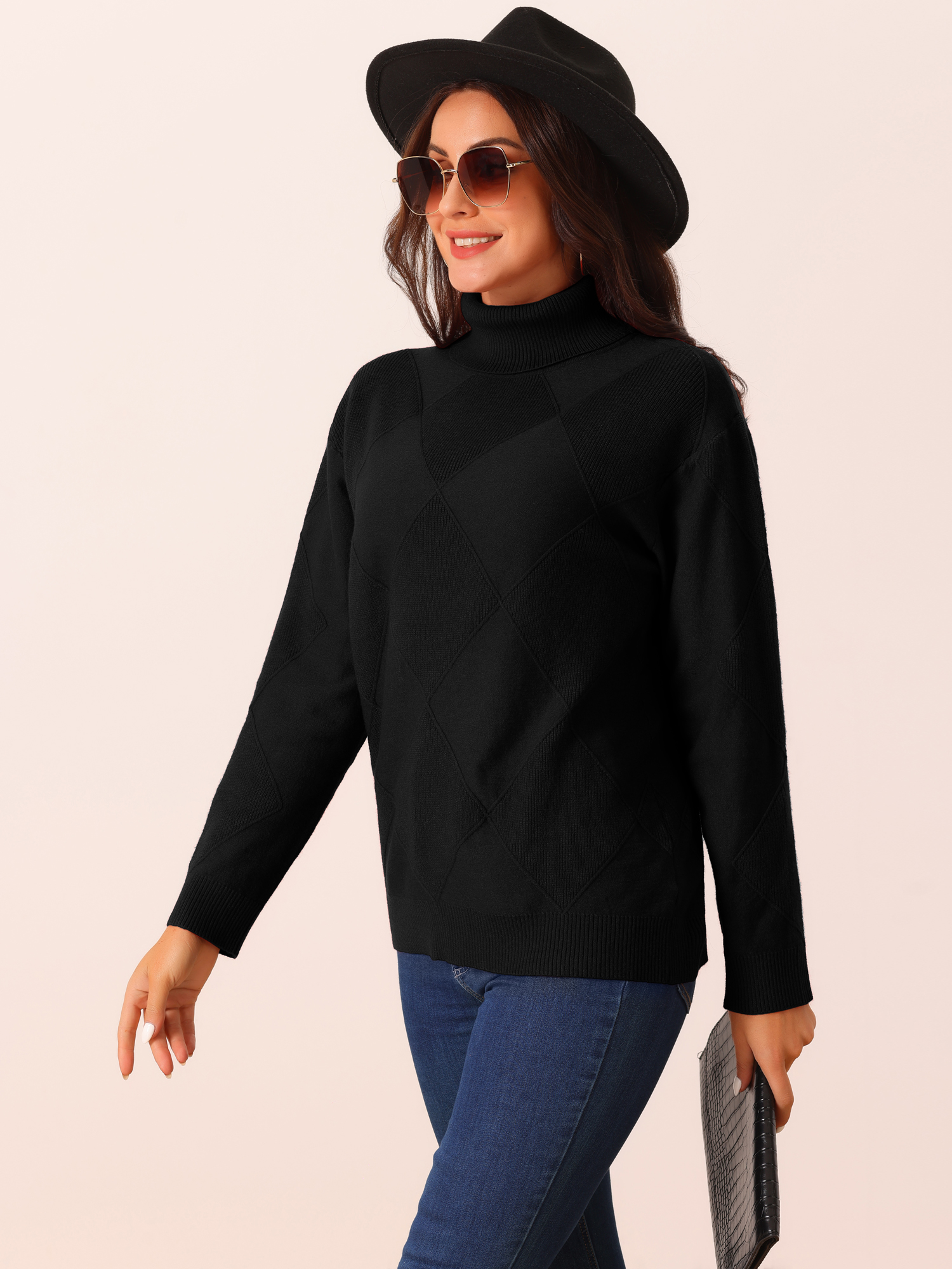 DARING DIVA Turtleneck Sweater Long Sleeve Knitted Pullover Basic M Black