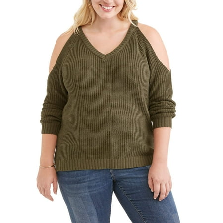 Juniors' Plus Cold Shoulder Hi-Low Pullover Sweater