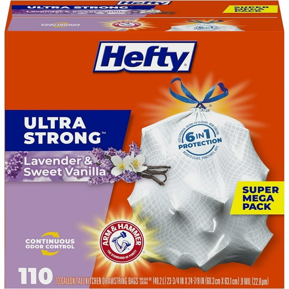 Ultra Strong 13 Gallon Trash Bags, Tall Kitchen Trash Bags 13 Gallon Size, Drawstring Closure, Continuous Odor Control, White, Lavender and Sweet Vanilla Scent, 110 Bags