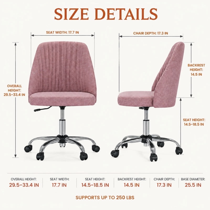 BEAUTYPEAK Armless Vanity Chair Adjustable Swivel Fabric Desk Chair with Padded Seat Wheels Mid-Back Office Chair, Pink