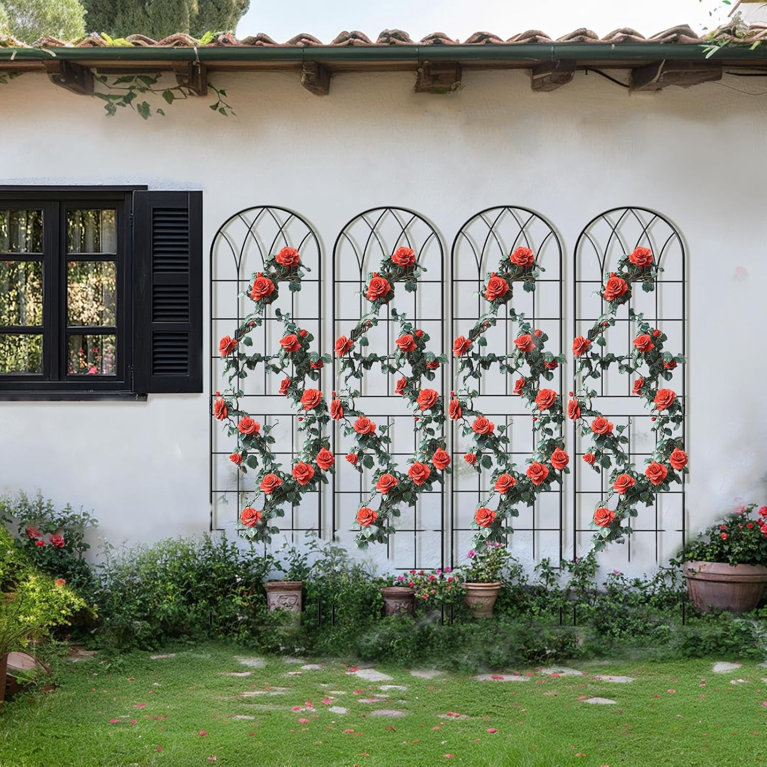 FICISOG 4 Pack 59x16in Metal Garden Trellis for Climbing Plants,Black Large Trellis for Climbing Plants Outdoor, Roses, Vegetables Vines Flowers Support, Large Decorative Outdoor Trellis