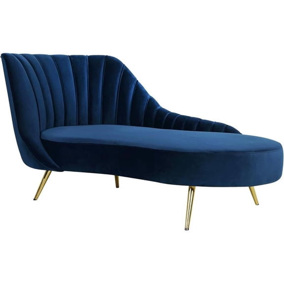Bowery Hill Velvet Curved Back Chaise Lounge in Navy/Gold Legs