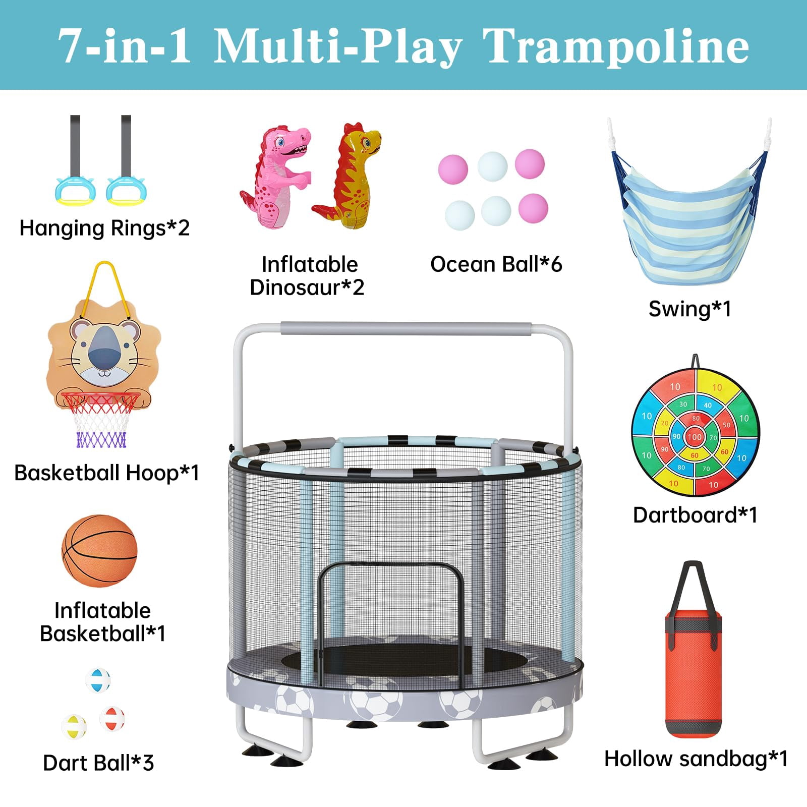 Baxluxe 55" 7-in-1 Upgraded Kids Trampoline, Reinforced Safe Design with Adjustable Height & Net, 500lbs Capacity Indoor and Outdoor Mini Trampoline for Boys & Girls Ages 3-8, Gray Soccer