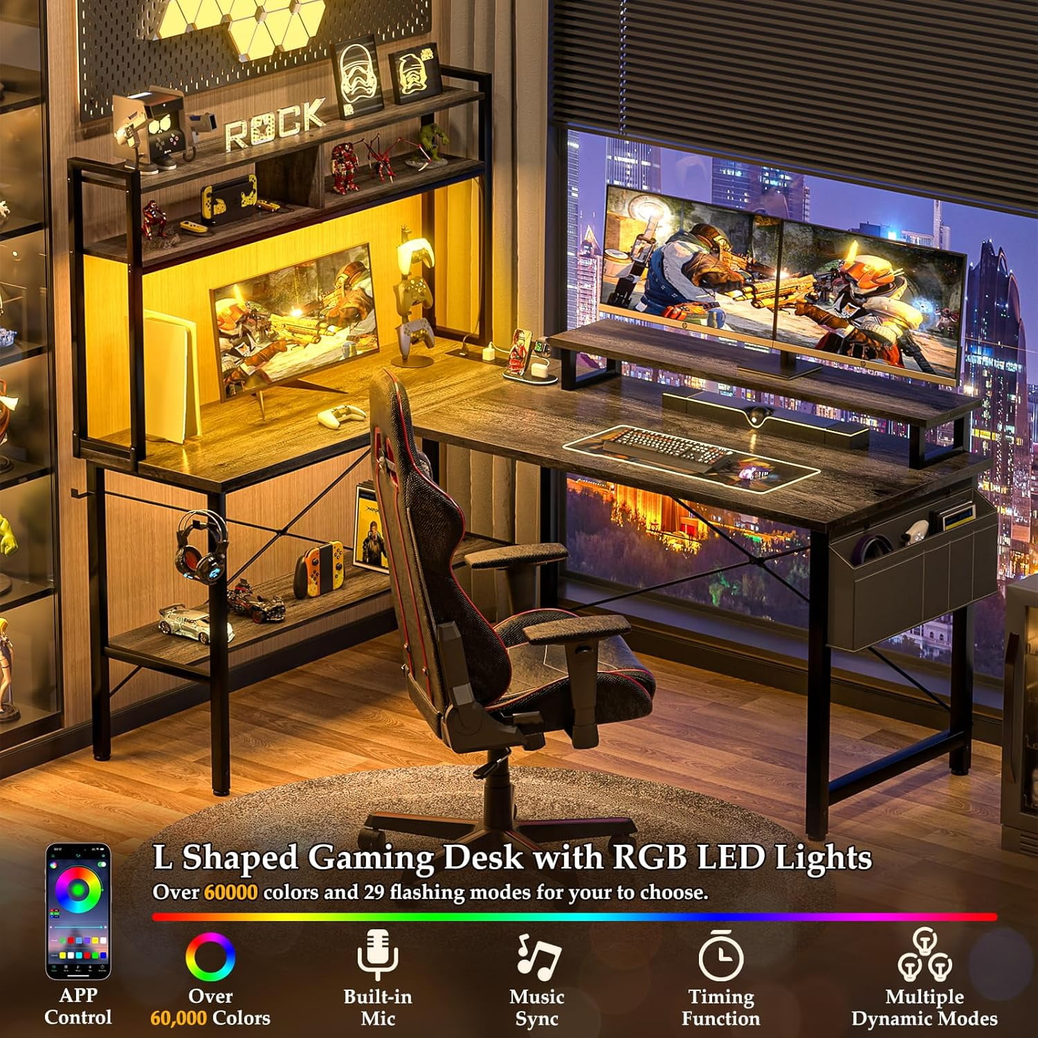 iSunirm Reversible L Shaped Gaming Desk with LED Lights & Power Outlets, 49'' Small L Shaped Computer Corner Desk with Monitor Stand and Storage Shelf, for Home & Office, Black Oak