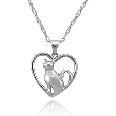 The Humane Society of the U.S. Sterling Silver and CZ Cat Inside Heart Pendant, 18