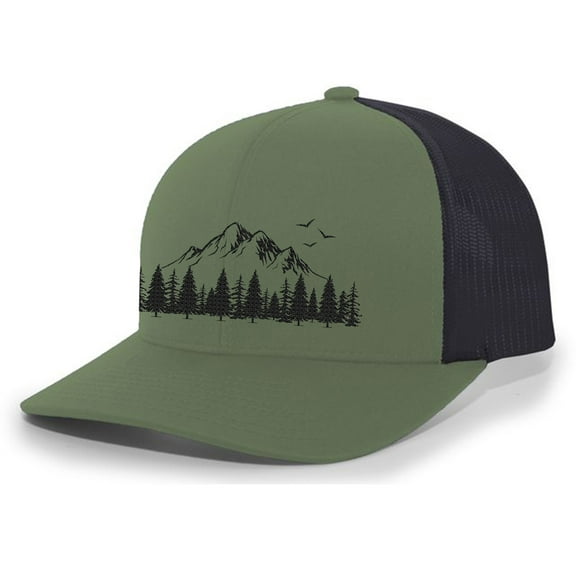 Mountain Scene Tamarak Pine Forest Embroidered Mesh Back Trucker Hat, Loden/Black