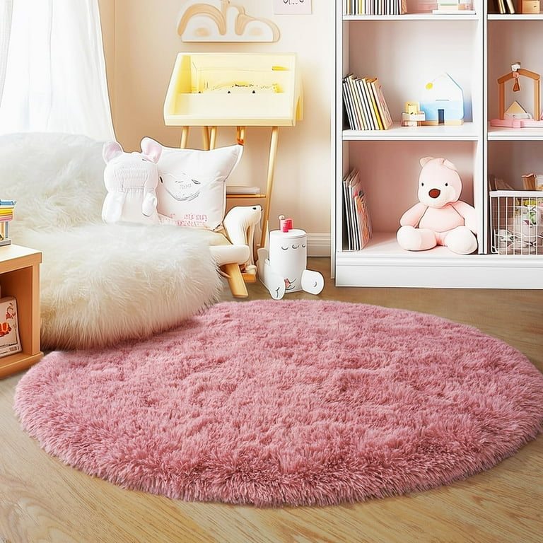 Conbriboy Round Fluffy Rugs 6ft For Girls Bedroom, Blush Pink Shag