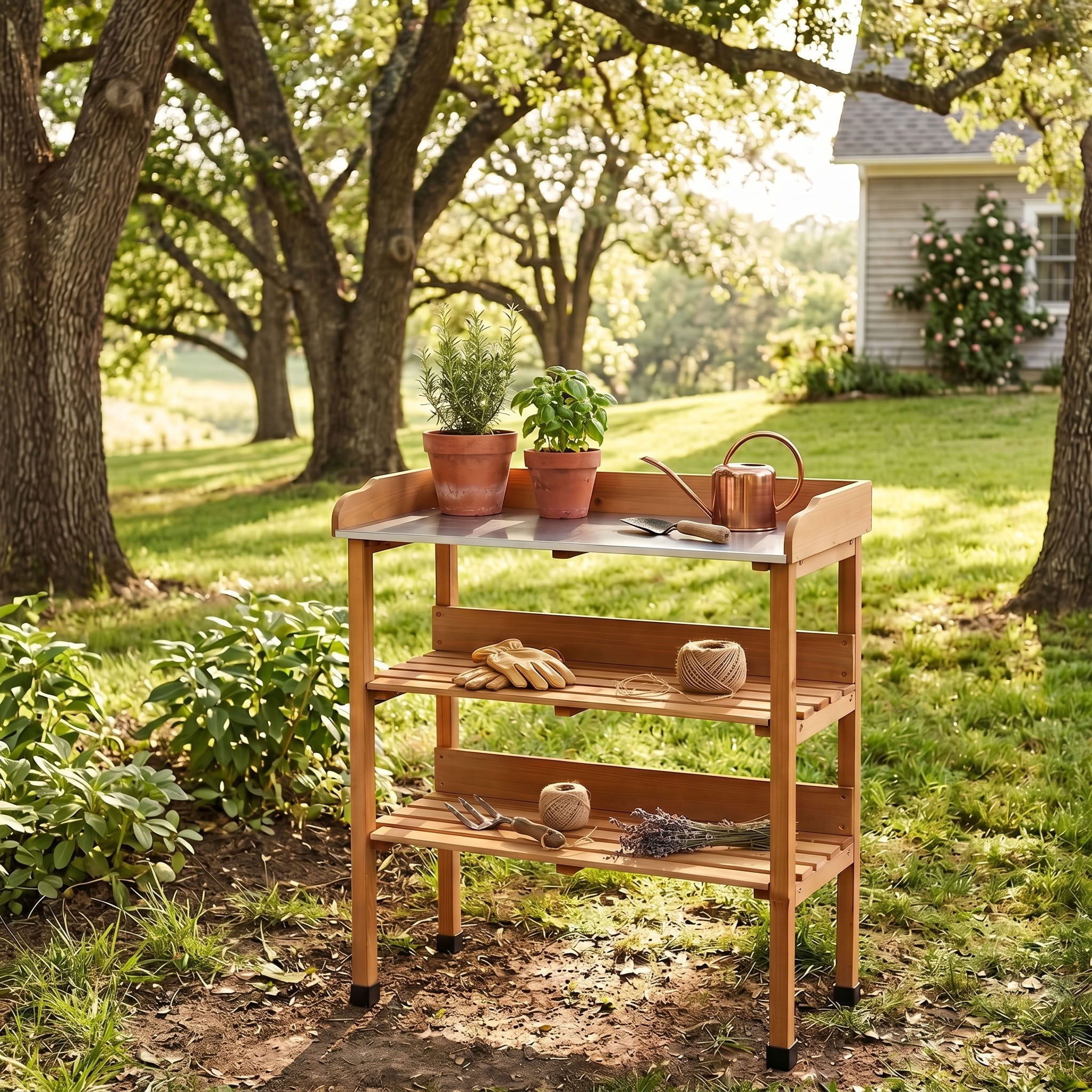 MAYEERTY 3-Tier Garden Potting Table, Outdoor Workstation with Metal Tabletop, Built-In Hooks for Patio, Garage, Workshop