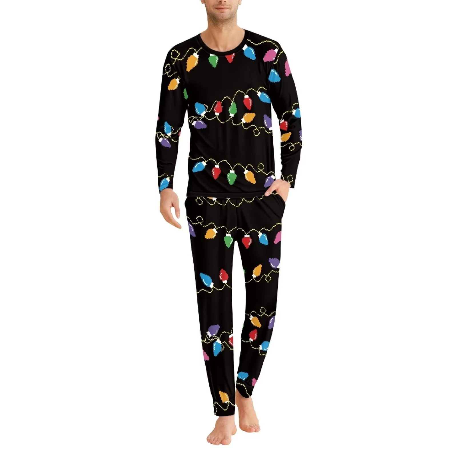 Renewold Family Pajamas Christmas Lights Tracksuit Shirt Pants with Pockets 2 Pieces Softness Long Sleeve Pullover Tops Size 3XL Men Jogger Yoga Sweatsuit Vacation Holiday Gifts