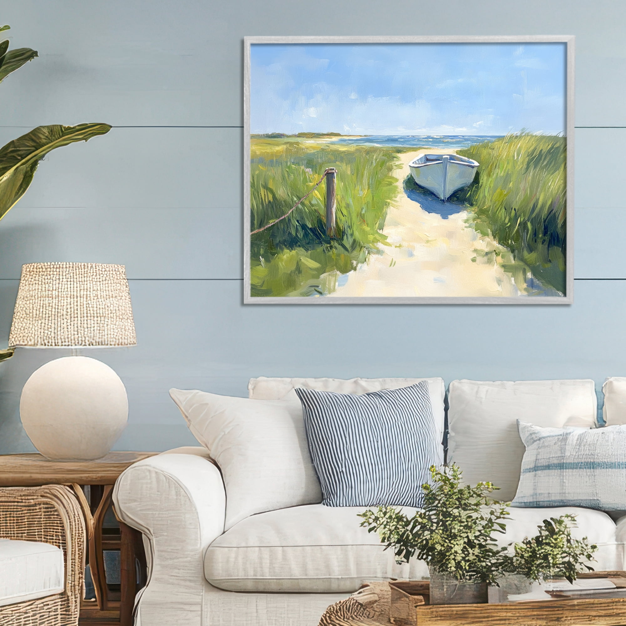 Stupell Industries Moored Boat on Path Gray Framed Giclee Art, design by Sisi and Seb