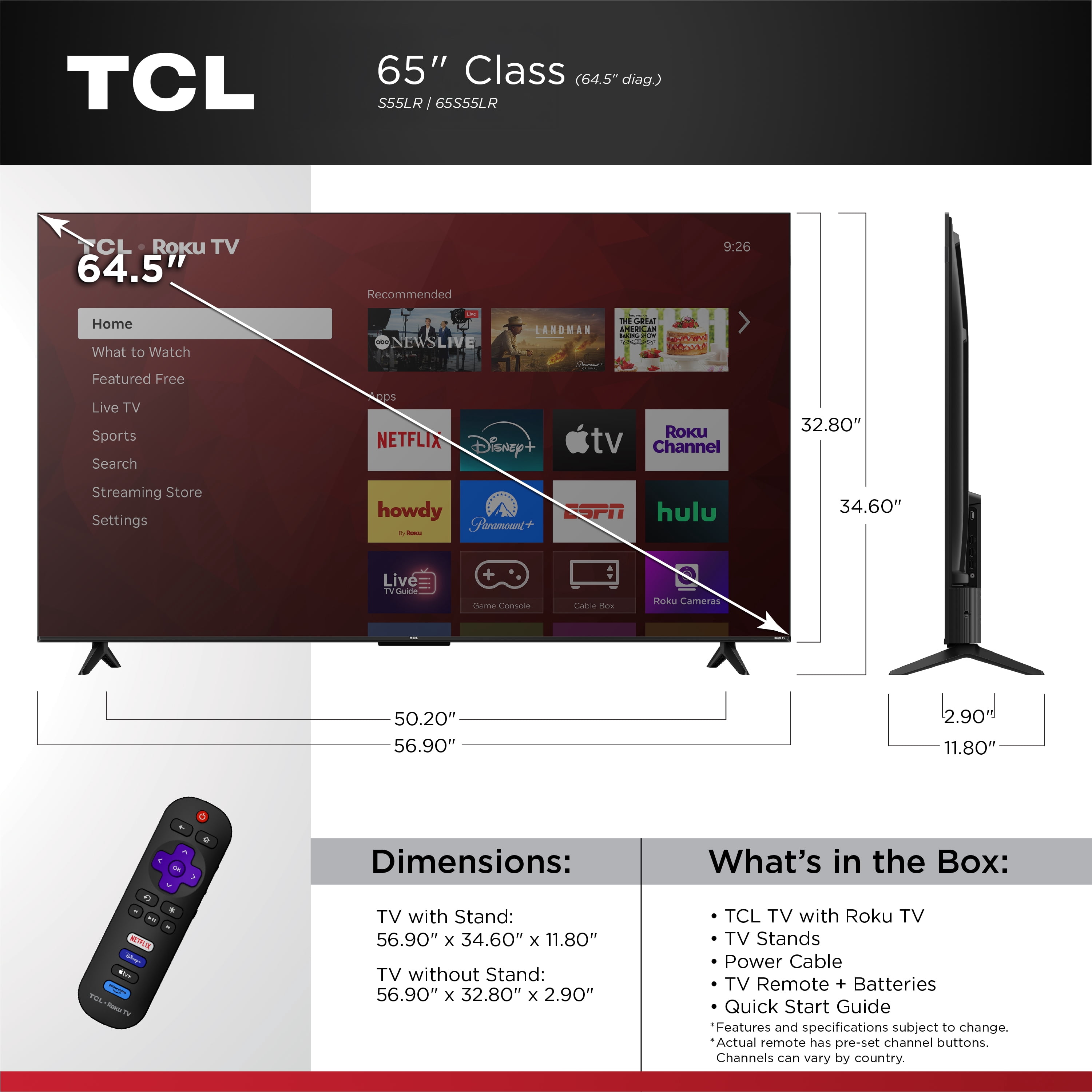 TCL 65” Class S55LR Series 4K HDR LED Smart Roku TV (New 2026) - High Brightness LED Backlight, Wide Color Gamut, Motion Rate 240, Game Accelerator 120, Auto Game Mode - 65S55LR