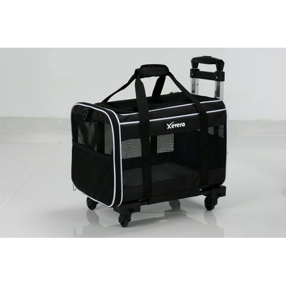 Pet Carrier with Wheels, Rolling Travel Bag with Retractable Handle, Mesh Ventilation, Black