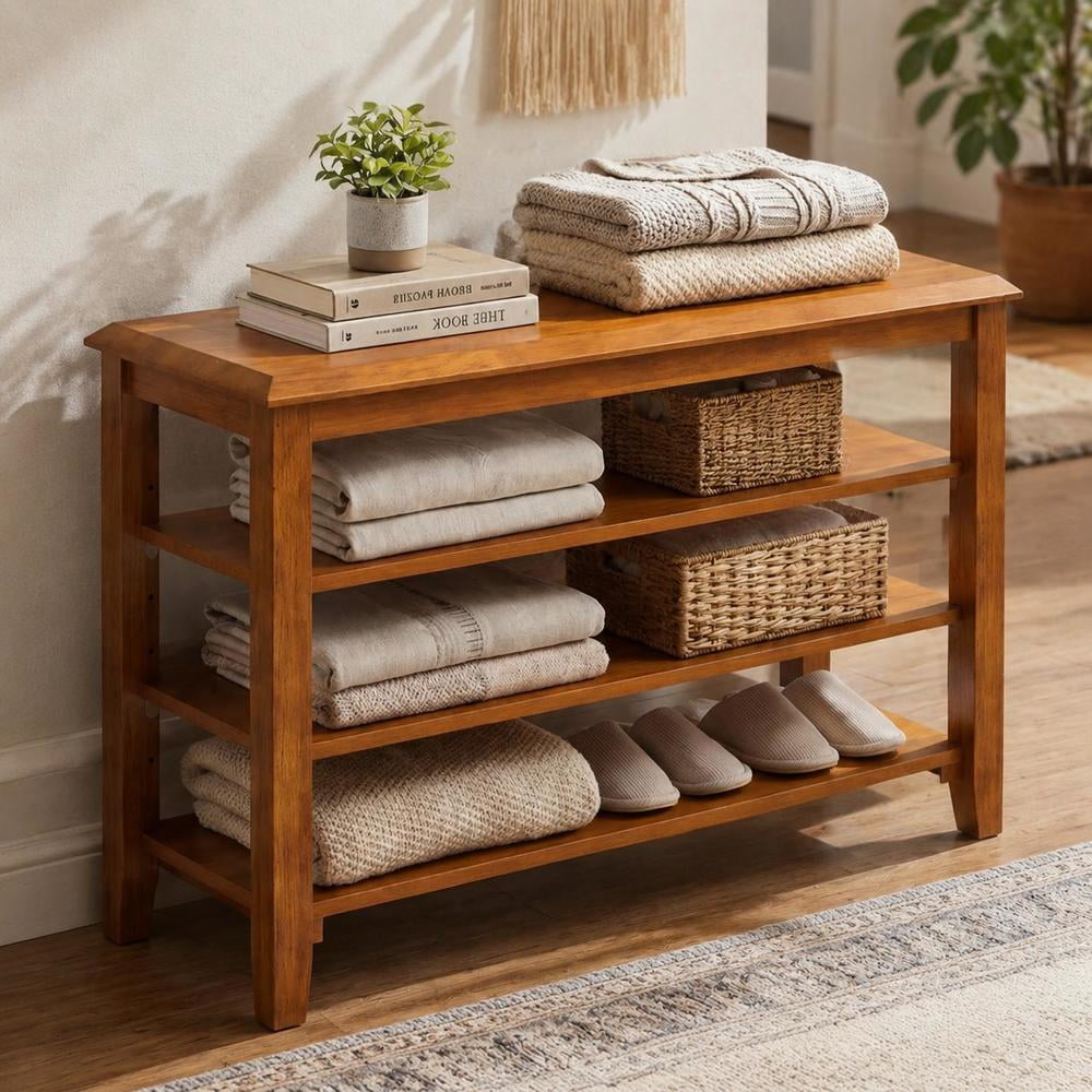 3-Tier Shoe Rack Bench adjustable shelves rubber wood frame entryway storage bench