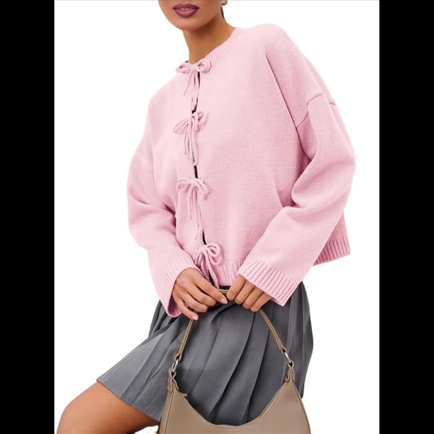 Suéteres Tipo Cárdigan con Lazo Frontal para Mujer, de Punto Grueso, con Mangas Largas Abullonadas, Modernos Abrigos para Otoño e Invierno. Rosa L