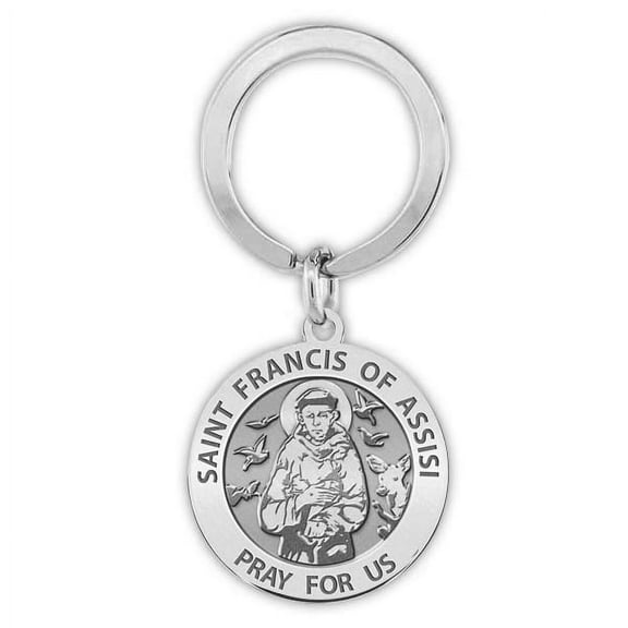 Saint Francis Religious Engravable Keychain - 1 Inch X 1 Inch Round - Sterling Silver
