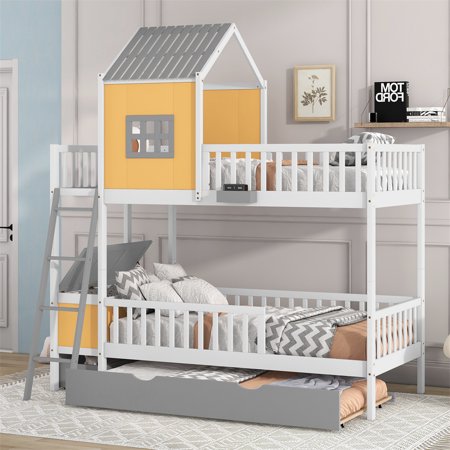 Twin over Twin House Bunk Bed with Twin Size Trundle Storage Box and Drawer for Girls Boys Wood Castle Bed Frame Ladder and Guard Rail for Kids Teens Bunk Bed Frame for 2  with Window and Roof Yellow