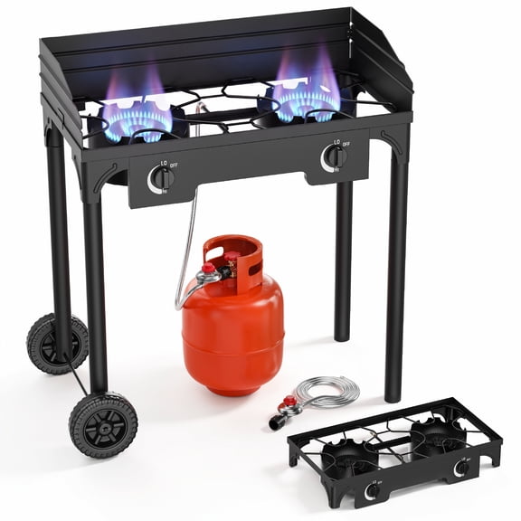 Biotree 2 Burner Outdoor Propane Gas Stove with 2 Wheels Wind Panel, 150000 BTU Camping Stove with Adjustable PSI Regulator and 4ft Hose With Removable Legs for Cooking BBQ Home