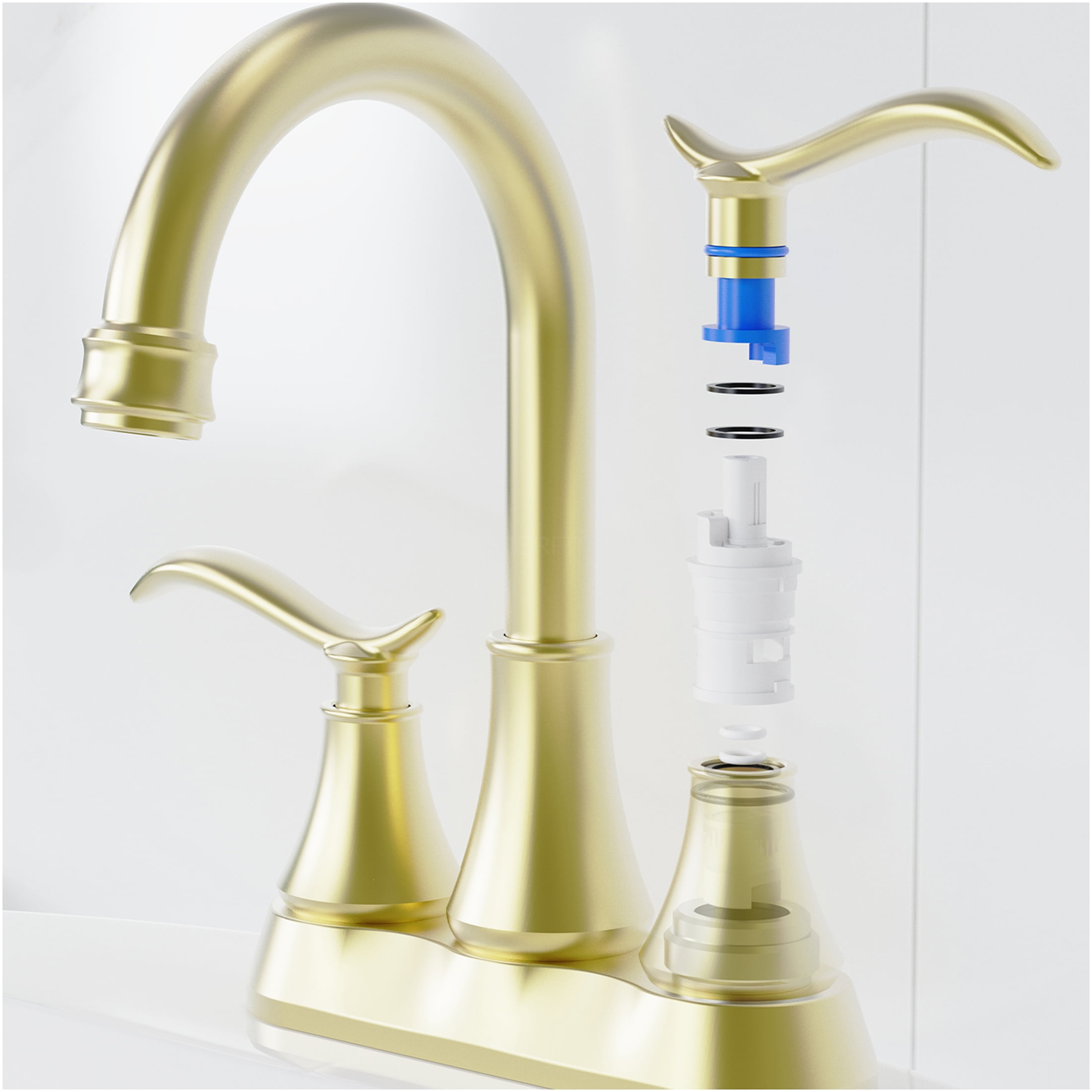 JERFIT 4 inch Centerset Bathroom Sink Faucet with Drain, Brushed Gold 2-Handle High Arc Swivel Spout, Water Saving Deck Mount Vessel Vanity Faucet