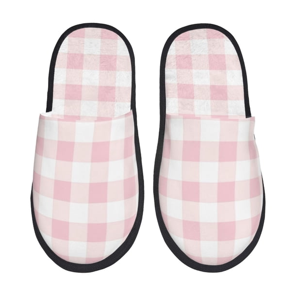 Fotbe Pink Checkboard Pantuflas Peludas para Mujer con Estampado, Zapatillas de Peluche, Zapatos de Invierno para Casa, Uso Interior y Exterior-Large