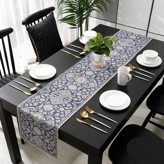 Vintage Boho Cotton Linen Table Runner 16 x 72 inch Neutral Abstract Flowers Pattern Aesthetic Non-slip Rectangular Dining Table Decor for Wedding Party Holiday Dinner