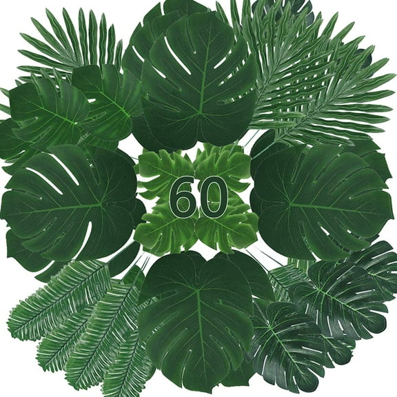 Dalrosia 60PCS Palm Leaves Artificial Tropical Monstera-6 Kinds Fake Leaf Plants Artificial Tropical Green Jungle Safari Hawaiian Luau Party Table Decoration Wedding Birthday Theme Party