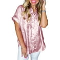thumbnail image 6 of Women's Pink Metallic Sheen Short Sleeve Buttoned Front Casual Shirt | [ZhiHiMeRi] | (US 8-10)M, 6 of 6