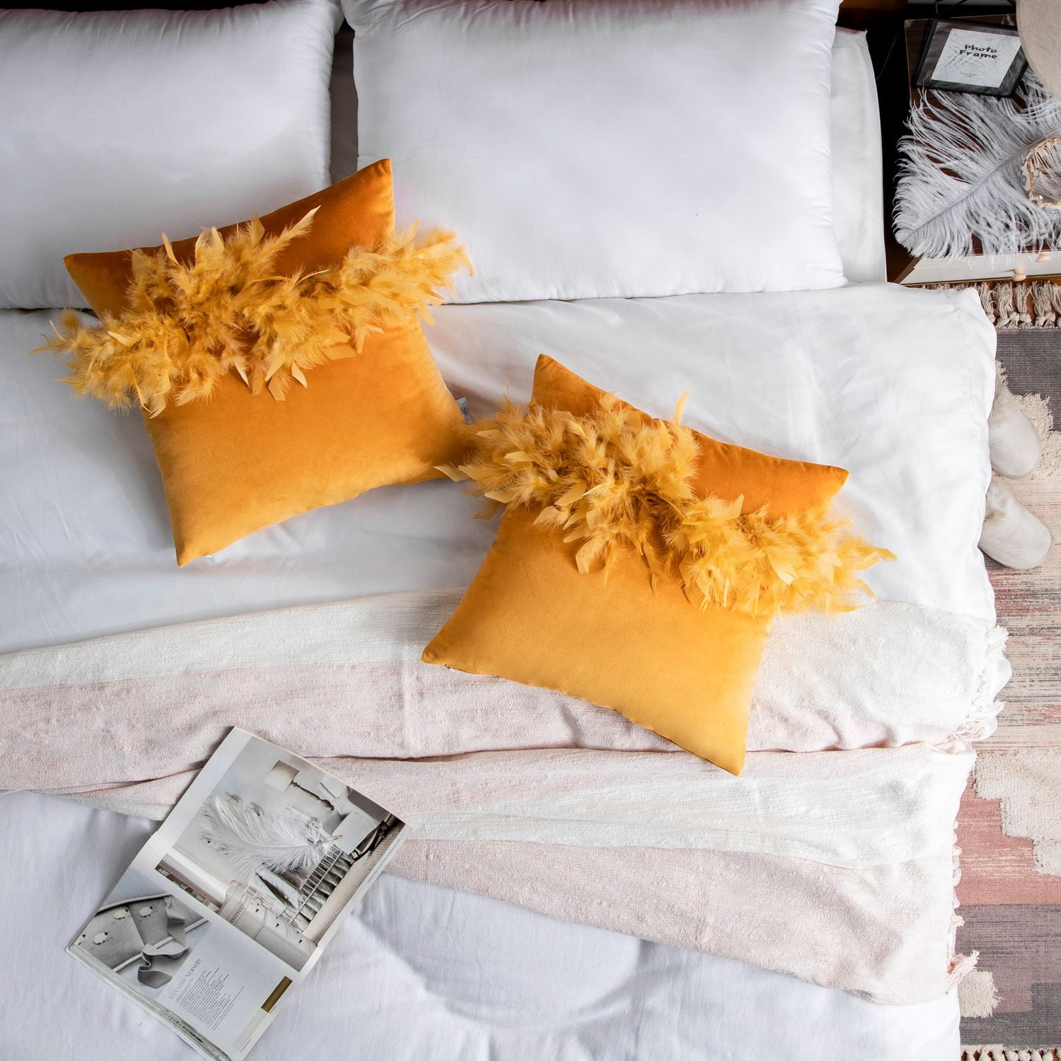 Phantoscope Feather Velvet Decorative Throw Pillows, 18 x 18 in, Orange, 2 Pack