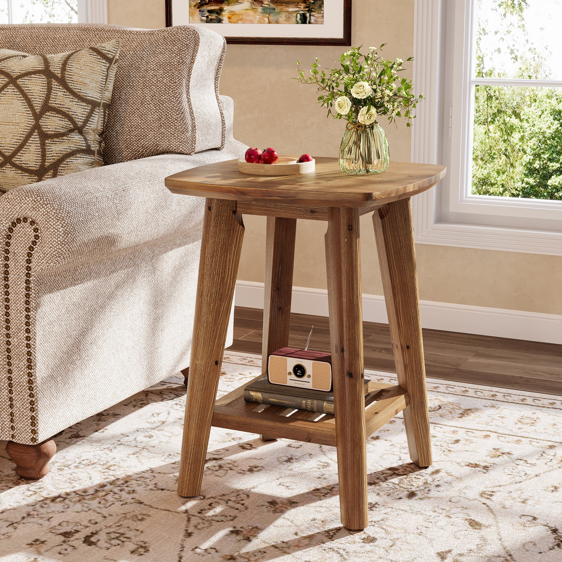 19.7" Solid Wood Square Side Table with 2-Tier Storage Shelf, Small Space End Table for Living Room, Bedroom & Sofa Side, Space-Saving Accent Table