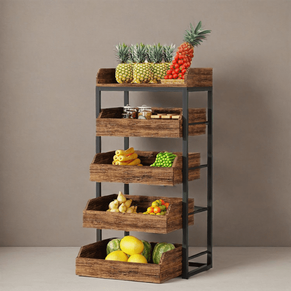 4-Tier Pull-Out Vegetable Storage Rack - 5 Drawers, 120lbs Capacity per Drawer, Heavy-Duty Metal & Particleboard for Kitchen, Retail & Living Room