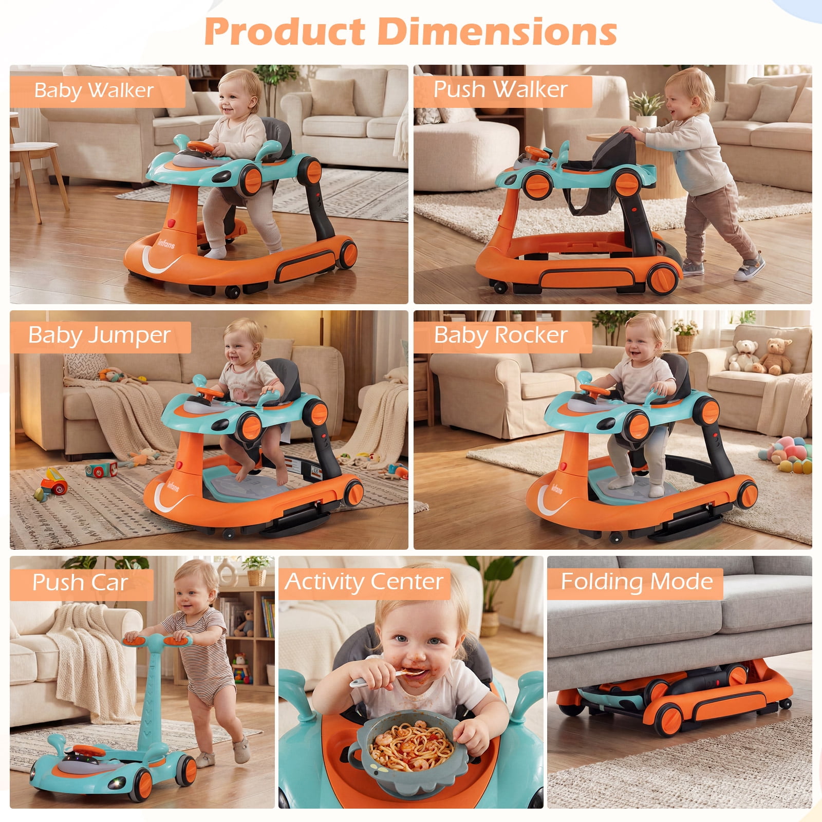 INFANS 6-in-1 Baby Walker, Converts Push Car to Bouncer, Rocker with Music, Lights, Adjustable Height & Speed, Activity Center, Canopy for 7-18 Months