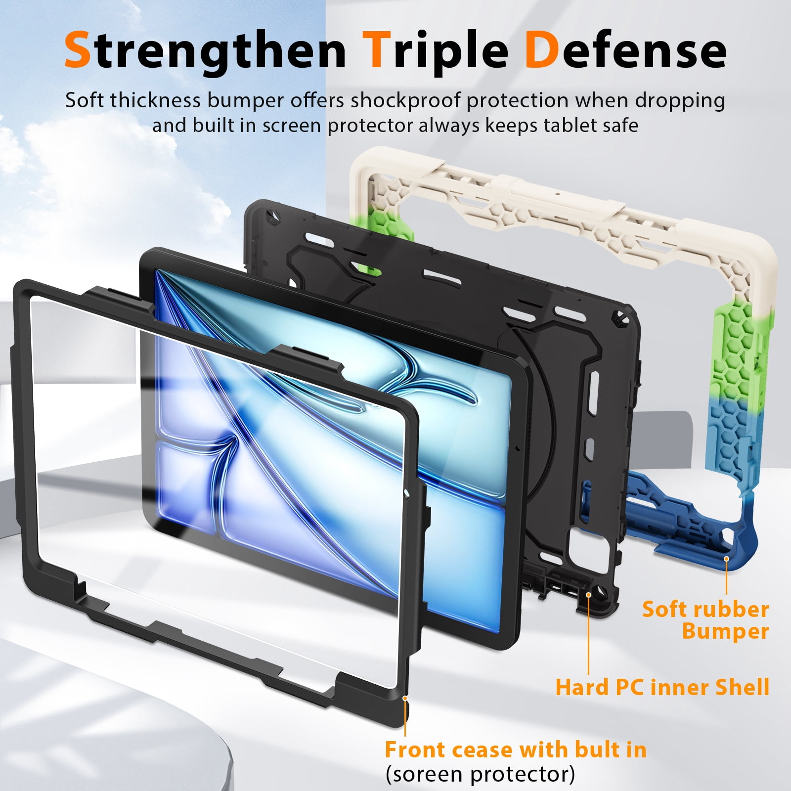 ROISKIN for iPad Air 11 inch Case (M3 2025/M2 2024)/ Air 6th Generation for Kids with HD Screen Protector, 360 Rotating Kickstand, Shoulder Strap, Pen Holder, Heavy Duty Military Case for iPad Air 11