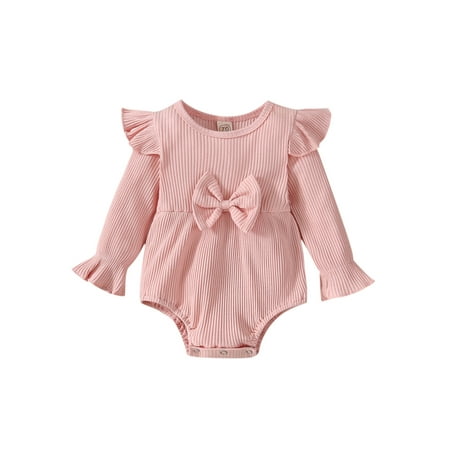 

Qiylii Baby Girls Ribbed Bodysuit Solid Color Long Sleeve O-Neck Romper with Bow