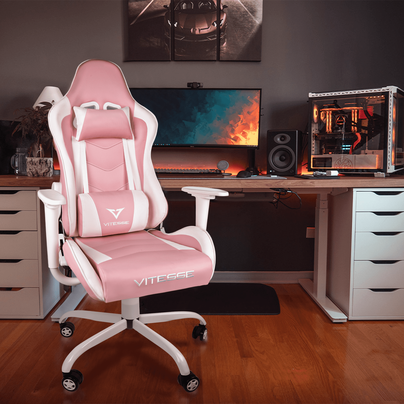 BOSSIN Pink Gaming Chair Cute Kawaii Gaming Chair for Girl Ergonomic Office Desk Chair Racing Office Chair Adjustable High Back Chair Game Chair Swivel Leather Chair with Lumbar Support and Headrest