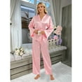 thumbnail image 2 of Women's Pajama Sets Trendy Stripe Long Sleeve Belt Long Pants Women Pjs Sets,A1-Pink,L, 2 of 9