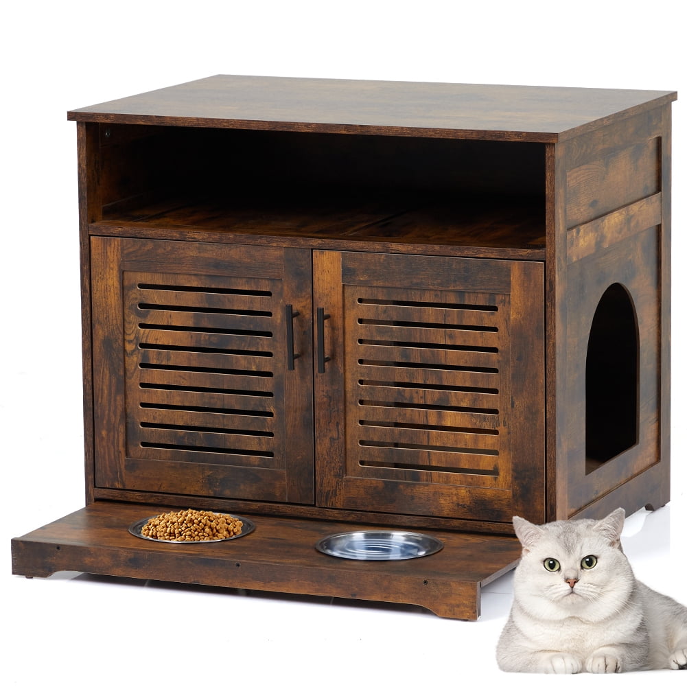 2Layers Cat Litter Indoor Cat House，Litter Box Furniture Hidden with Divider and 3