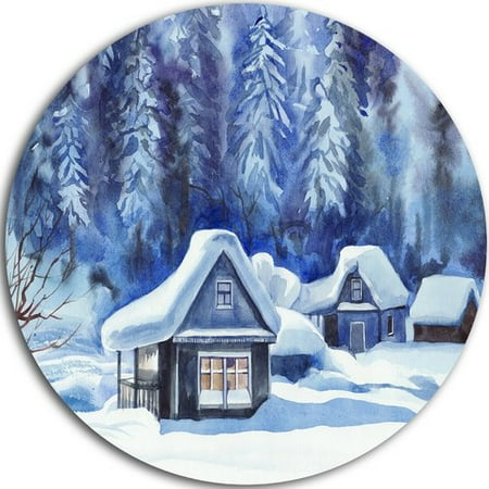 Winter Cottage - Design Art 'Blue Winter Cottages' Painting Print on Metal