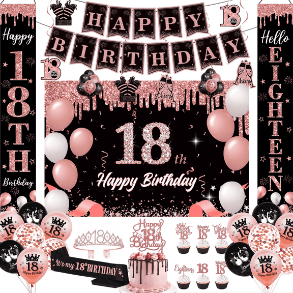 Happy Greetings 18th Birthday Party Decorations Kit Rose Gold and Black with Crown Sash Backdrop Balloons 45-Piece
