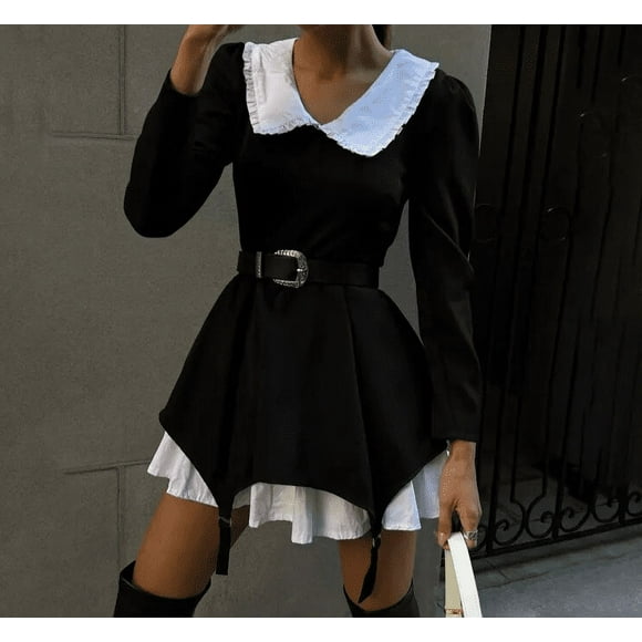 French style Long Sleeve Doll Collar Dress Lovely Black Casual Office Lady A line Dress Elegant Slim Women's Dresses