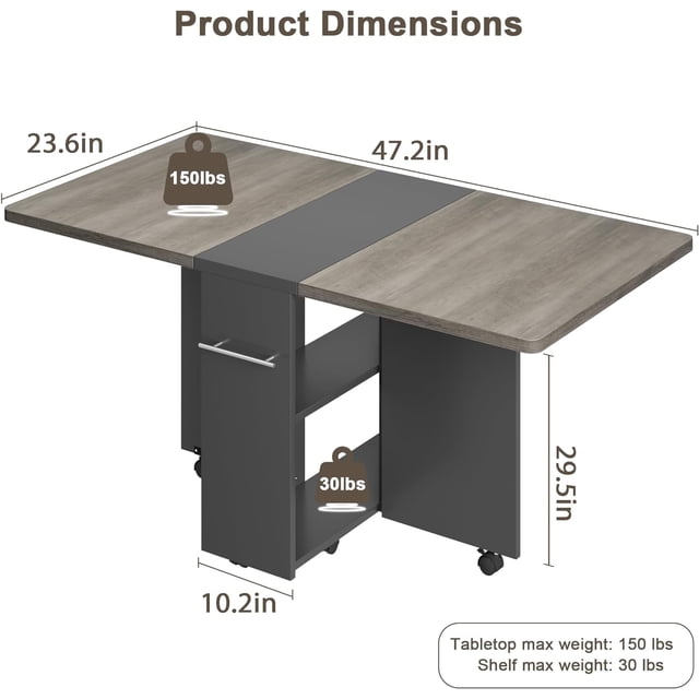 GloryStar Folding Dining Table, Drop Leaf Dining Table for 4, Foldable Kitchen Table with 2 Storage Shelf, Space Saving Dining Tables for Small Spaces, Movable Kitchen Table with 6 Wheels