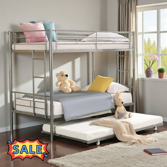 Tcbosik Twin Over Twin Metal Bunk Bed with Trundle, Heavy Duty Bunk Bed Frame with Built-in Ladder and Full Length Guardrail, No Box Spring Needed, Silver
