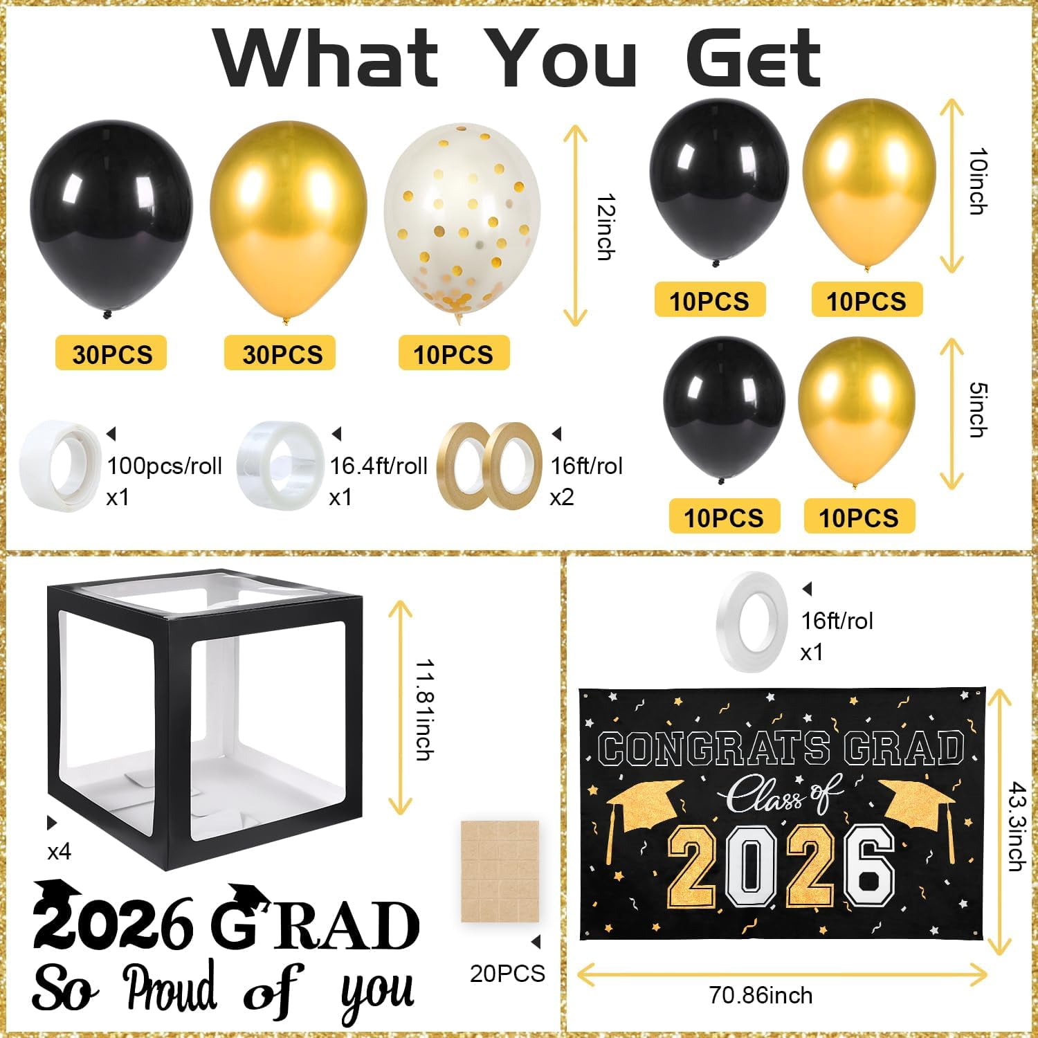 Graduation Decorations Class of 2026 ,Black and Gold Party include 4 Pcs Balloons Boxes with Letters, 110 Balloon Arch Kit Banner backdrop for Favors Decor