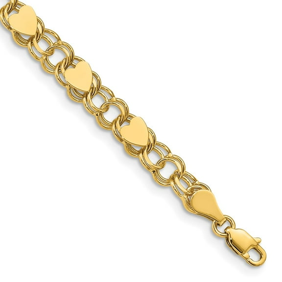 10k Yellow Gold Bracelet 6 mm 8 in Double Link with Hearts Charm